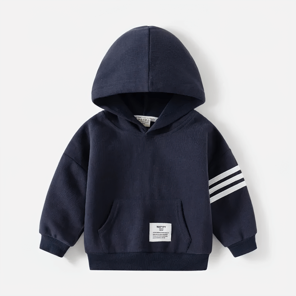 Stylish kid's navy hoodie with white stripes, fleece-lined for warmth, perfect for casual wear, ideal addition to winter wardrobe, SF3101